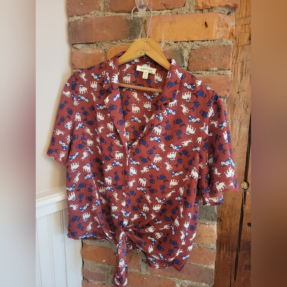 Monteau Dog Print Tie Front Button Down Blouse size M